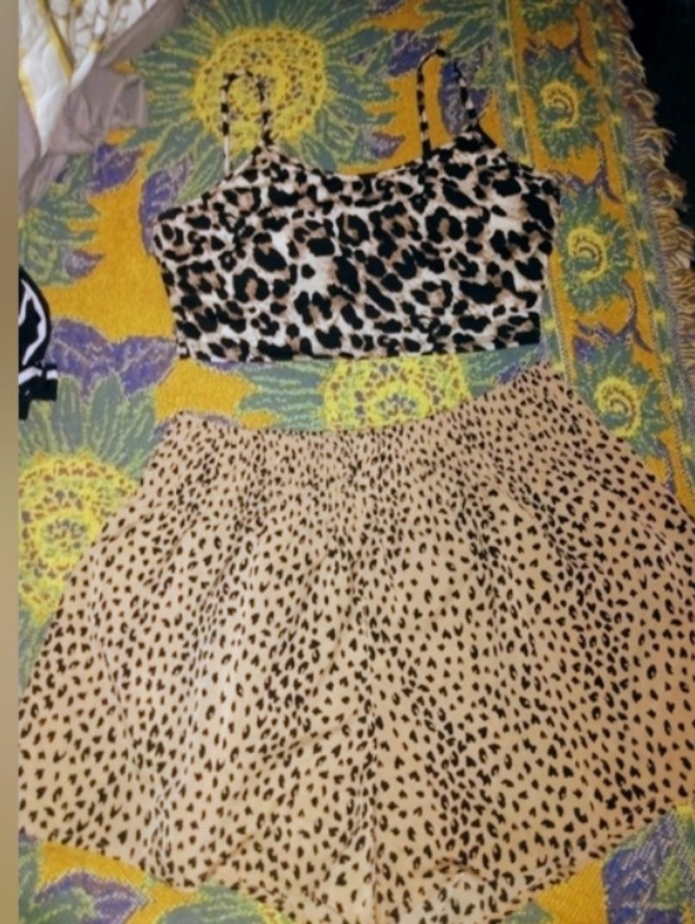 Leopard Print Ladies Two-Piece Tank Top & Paper Bag Shorts Set - Beige/Black